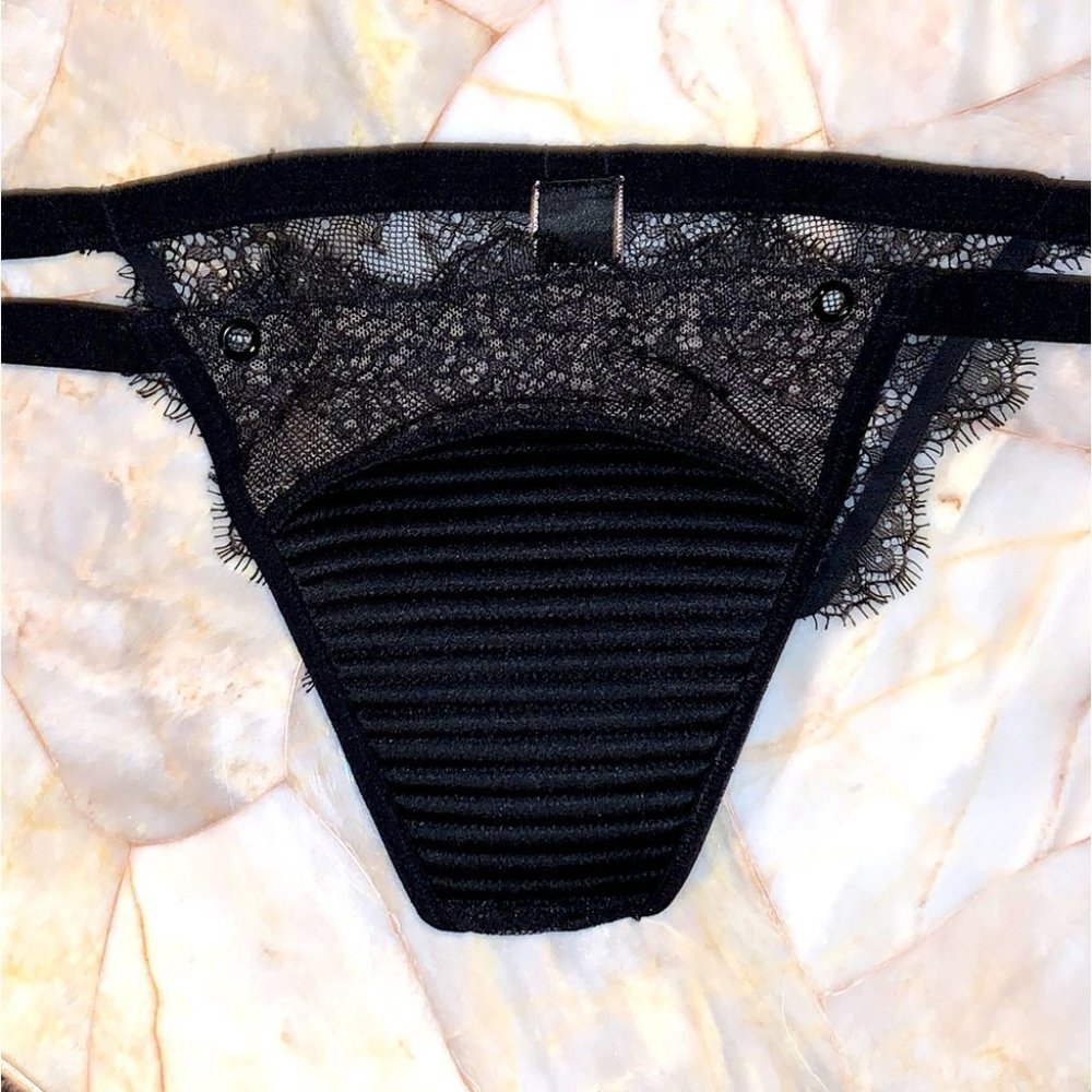VS Very Sexy Black Ribbed Panty Underwear String‎ Bikini Chantilly Lace